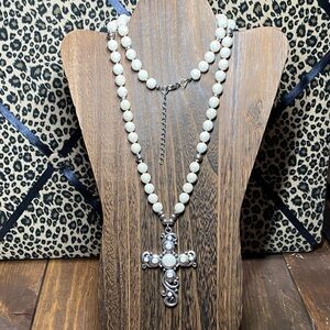 Silver and Cream Beaded Cross Pendant Necklace
